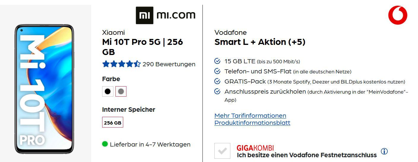 Xiaomi Mi 10T Pro 256GB 5G für 4,95€ + Vodafone AllNet u. SMS Flat für 34,99€ mtl. + 100€ Amazon Gutschein