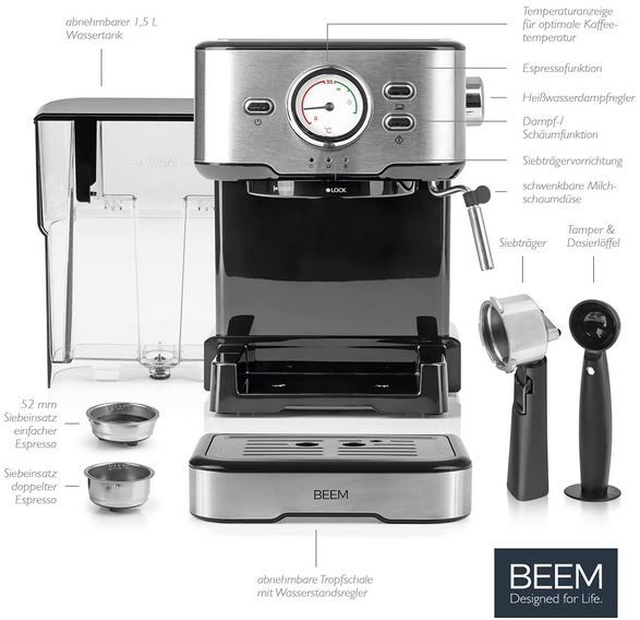 BEEM Espresso Select Siebträgermaschine mit 15 bar für 59,99€ (statt 87€)