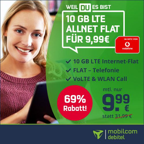 🔥 Vodafone Allnet Flat mit 10GB LTE inkl. VoLTE & WLAN Call für 9,99€ mtl. + 1 Monat Gymondo GRATIS