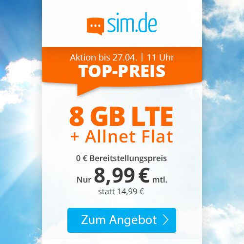 Sim.de o2 Allnet Flat mit 8GB LTE für 8,99€ mtl. – nur 3 Monate Laufzeit