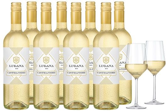 8x Castelfiore Lugana 2019 inkl. 2 Zwiesel Kristall Weingläsern Pure für 44€ (statt 109€)