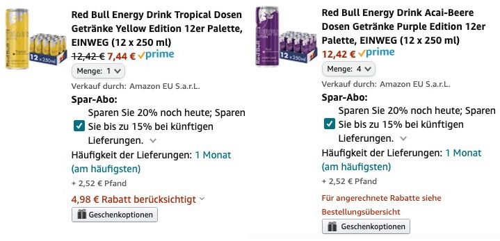 60er Pack Red Bull Tropical & Acai Beere für 40,46€ + 15€ Pfand   nur 0,67€ pro Dose