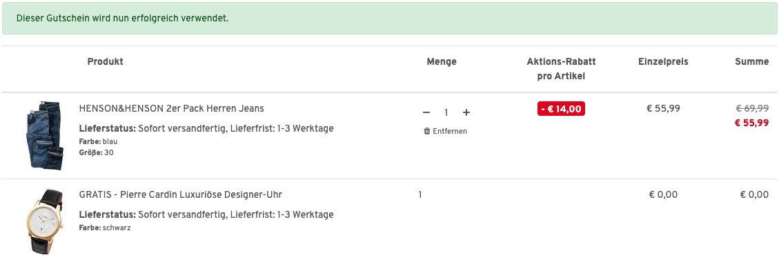 2er Pack Henson & Henson Jeans für 55,99€ (statt 70€) + GRATIS Pierre Cardin Uhr (Wert ca. 50€)