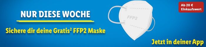 Mit der Lidl Plus App ab einem Einkaufwert von 20€ gratis FFP2 Maske erhalten