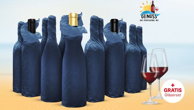 Vinos Weinprobe Paket mit 12 Weinen und 2 Schott Zwiesel Gläsern inkl. Online Weinverkostung für 75,99€