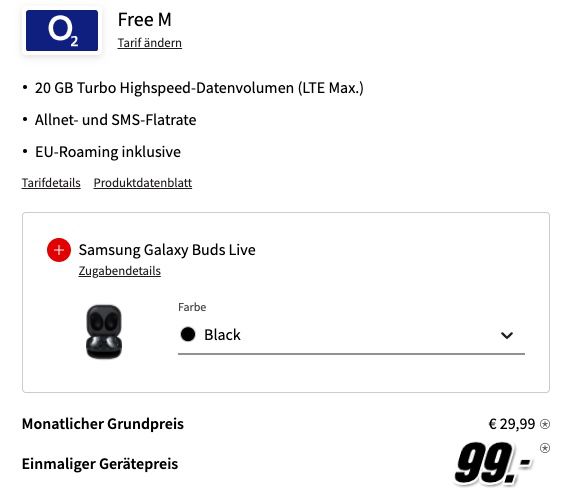 Samsung Galaxy S21 5G + Galaxy Buds Live für 99€ + o2 Allnet Flat mit 20GB LTE für 29,99€ mtl.