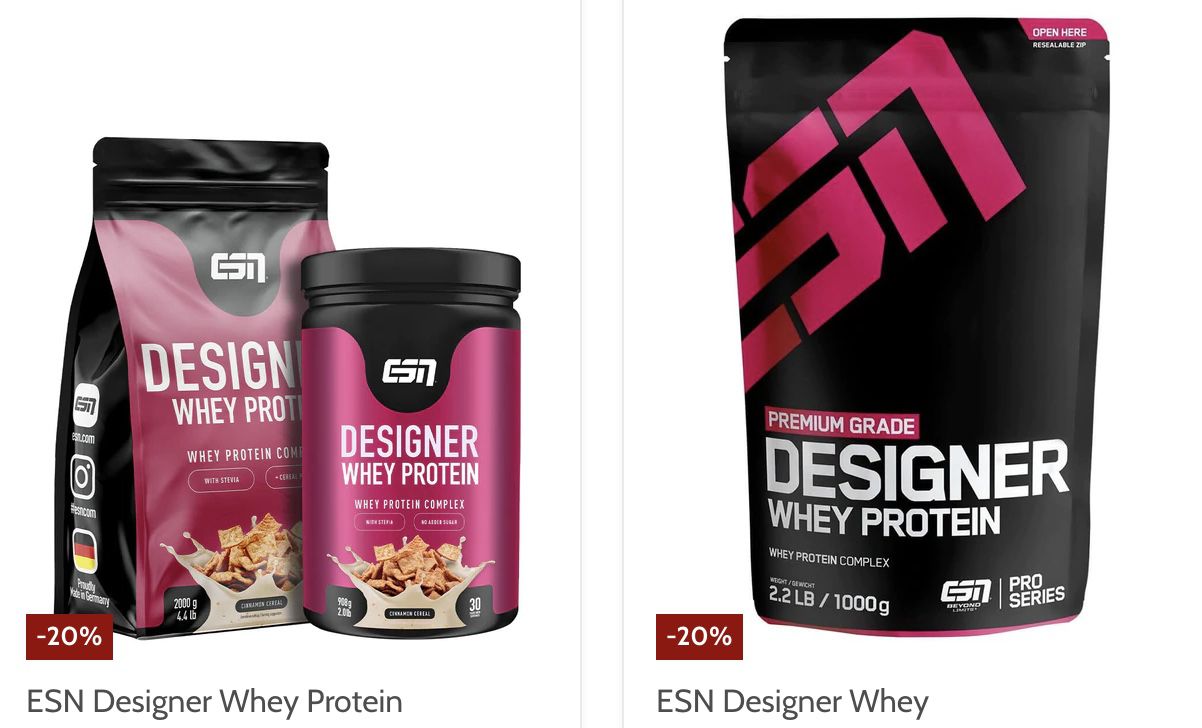 Fitmart mit 20% Rabatt auf alle ESN Produkte   z.B. 4x 1kg ESN Whey Protein für 92,48€ (statt 104€)