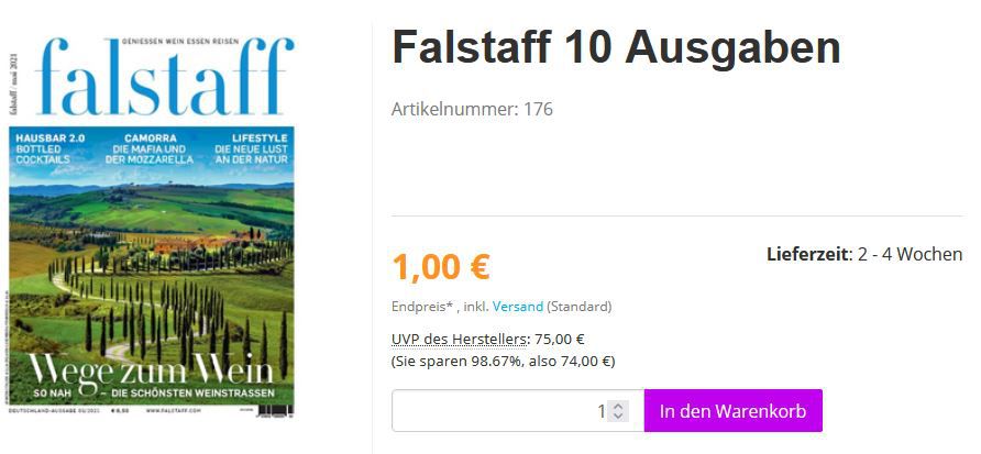 1 Jahr Falstaff Lifestyle Magazin einmalig nur 1€ (statt 75€)
