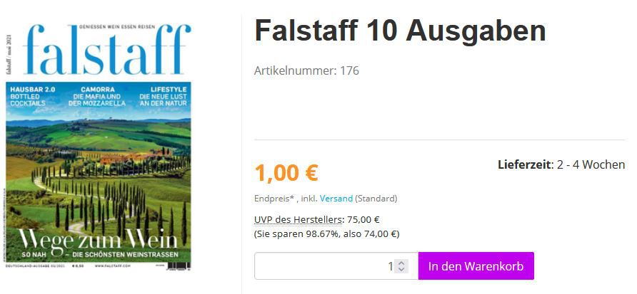 1 Jahr Falstaff Lifestyle Magazin einmalig nur 1€ (statt 75€)