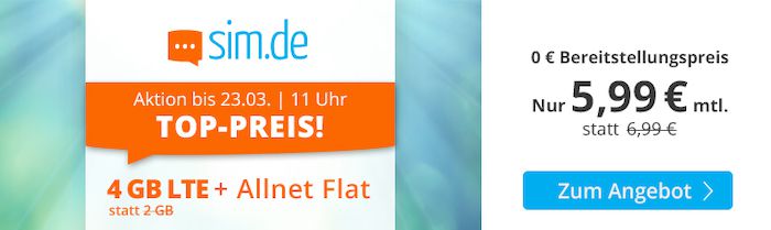 Sim.de o2 Allnet Flat mit 4GB LTE für 5,99€ mtl. – oder 9GB für 8,99€ oder 20GB für 17,99€