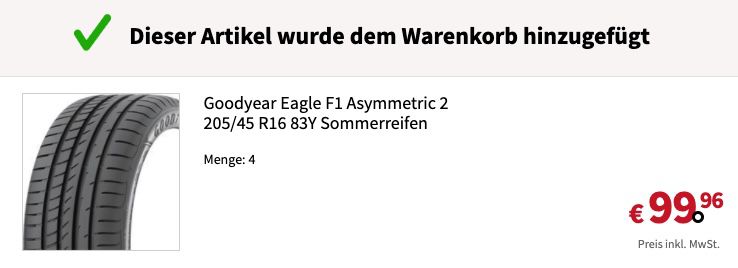 Fehler? Goodyear Eagle F1 Asymmetric 2 205/45 R16 83Y Sommerreifen für 24,99€ (statt 87€)