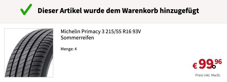 Michelin Primacy 3 215/55 R16 93V Sommerreifen für 24,99€ (statt 98€)