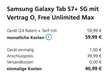 🔥 Samsung Galaxy Tab S7+ 5G 256GB inkl. S Pen für 1€ + o2 Free Unlimited Max für 59,99€ mtl. + 1 Jahr Netflix + 100€ Cashback