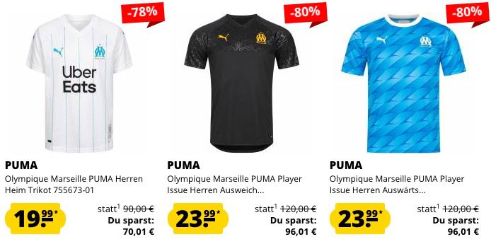 Puma Olympique Marseille Sale bei SportSpar   z.B. Herren Heim Trikot 2019/2020 für nur 23,94€