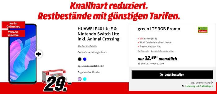 HUAWEI P40 lite E & Nintendo Switch Lite inkl. Animal Crossing für 29€ mit Vodafone Allnet Flat inkl. 3GB LTE für 12,99€ mtl.