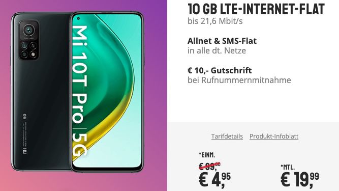 Xiaomi Mi 10T Pro 128GB für 4,95€ + Vodafone Allnet Flat mit 10GB LTE für 19,99€ mtl.