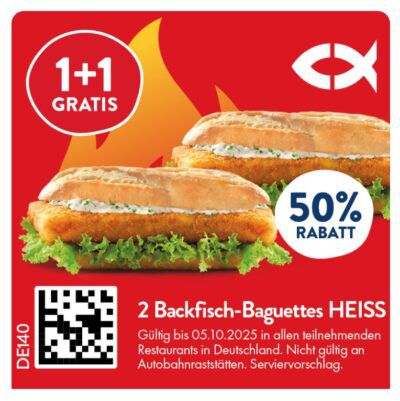 🎟️ Nordsee Gutscheine auch als PDF zum Download 🐟 z.B. 2 Backfisch-Baguettes 50% Rabatt