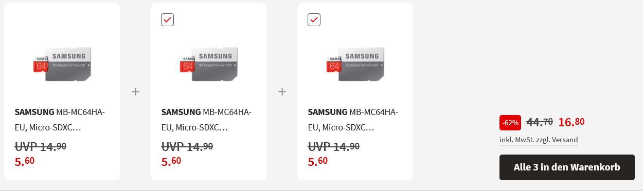 3 x Samsung EVO Plus 64GB Micro SDXC für 16,80€ (statt 25€)