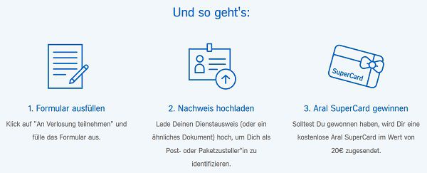 Tipp! Verlosung: 20€ Aral SuperCards für Post  & Paketzustellern*innen   10.000 Stück!