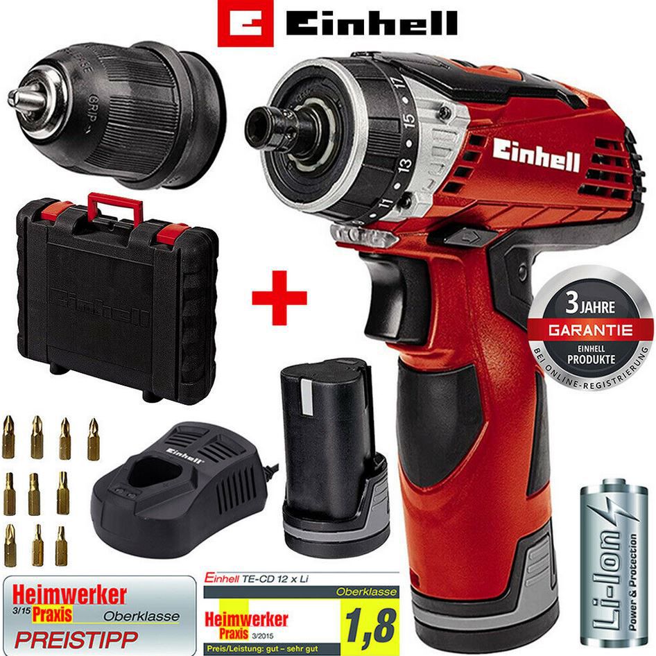 Einhell TE CD 12 Akku Bohrschrauber + 2 Akkus 1.3 Ah + Ladegerät + Koffer für 59,99€ (statt 86€)