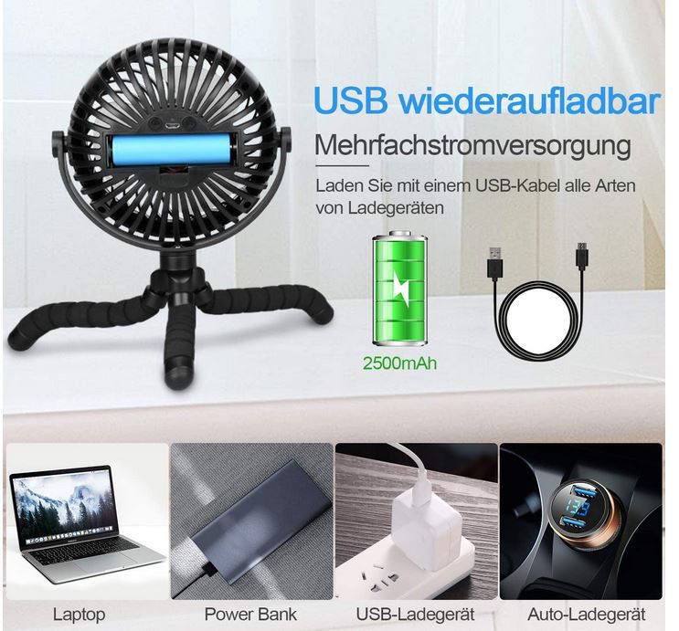 TAECCL USB mini Ventilator mit Akku und LED für 9,49€ (statt 19€)   Prime