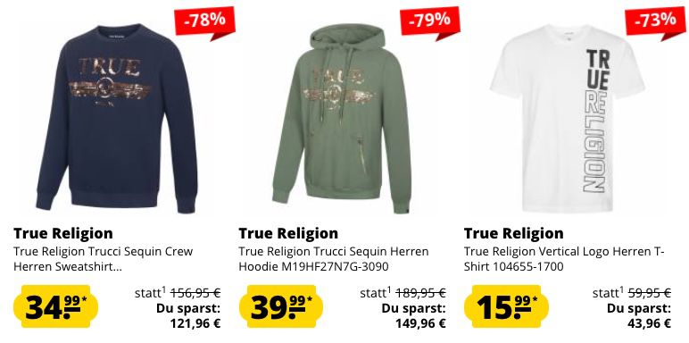 True Religion Mega Sale bis  80% + 10% Gutschein   z.B. Crew Neck Sweatshirt für 31,49€ (statt 59€)