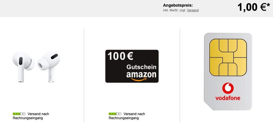 Apple AirPods Pro für 1€ + Vodafone Red Internet & Phone 1000 Cable für 42€ mtl. + 100€ Amazon Gutschein + 100€ Startguthaben