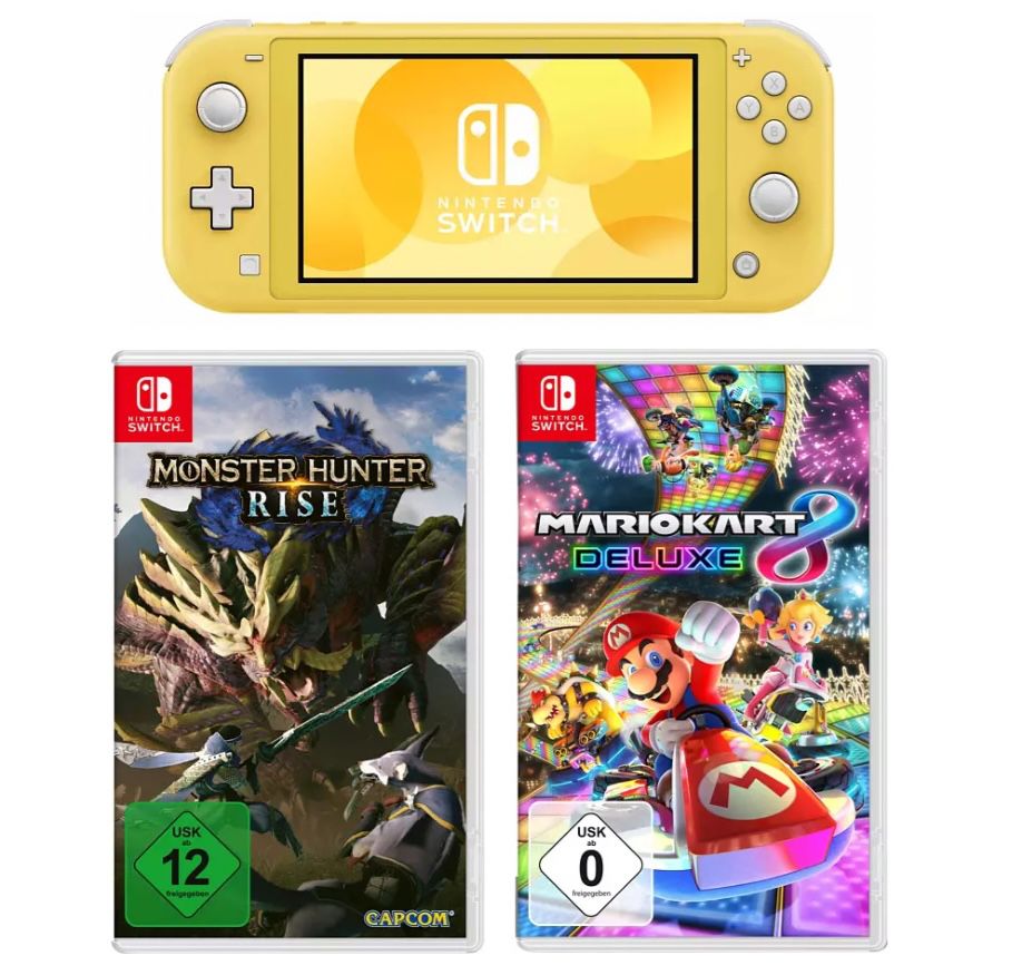 Nintendo Switch Lite in Gelb inkl. Mario Kart 8 Deluxe für 209,99€ (statt 246€)   alternativ auch mit Monster Hunter Rise