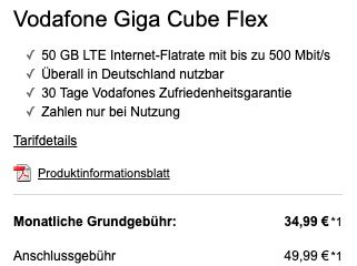 Huawei GigaCube Router für 4,99€ + Vodafone GigaCube Flex 50GB LTE für 34,99€ mtl. + 50€ Amazon Gutschein