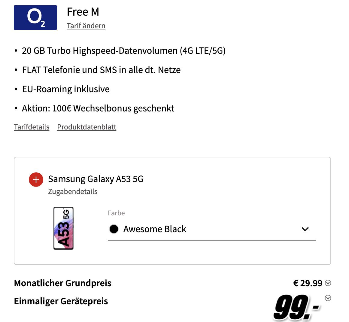 Samsung Galaxy S20 FE 5G + Galaxy A53 5G für 99€ + o2 Flat mit 20GB LTE/5G für 29,99€ mtl. + 100€ Bonus