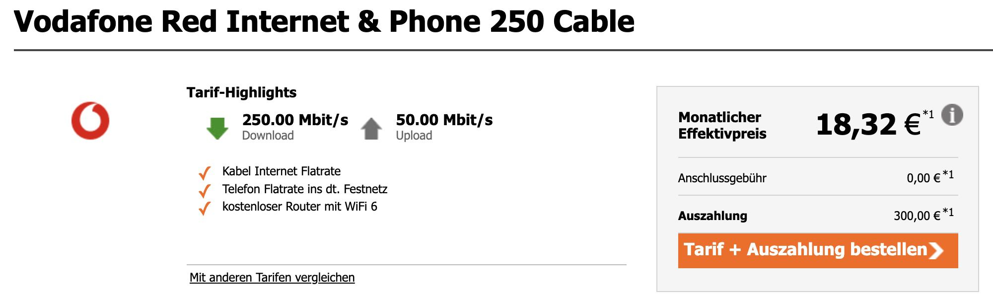 Vodafone Cable 250 für 34,99€ mtl. inkl. 300€ Auszahlung   effektiv 18,32€ mtl.