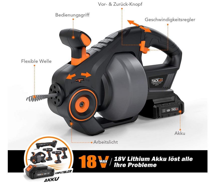 Tacklife Rohrreinigungsspirale mit 18V 2000mAh Akku + 7,6m Spirale für 84,99€ (statt 120€)