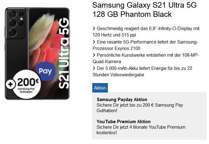 Samsung Galaxy S21 Ultra 5G 128GB + Telekom AllNet mit 12GB LTE 300 für 54,99€ mtl.