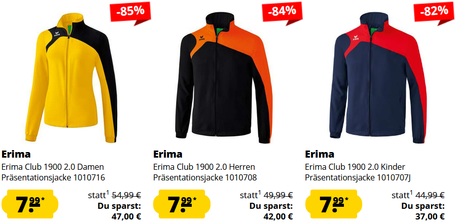 Erima Sale bei Sportspar ab 3,99€   z.B. Erima Club 1900 2.0 Präsentationsjacke ab 7,99€ (statt 21€)
