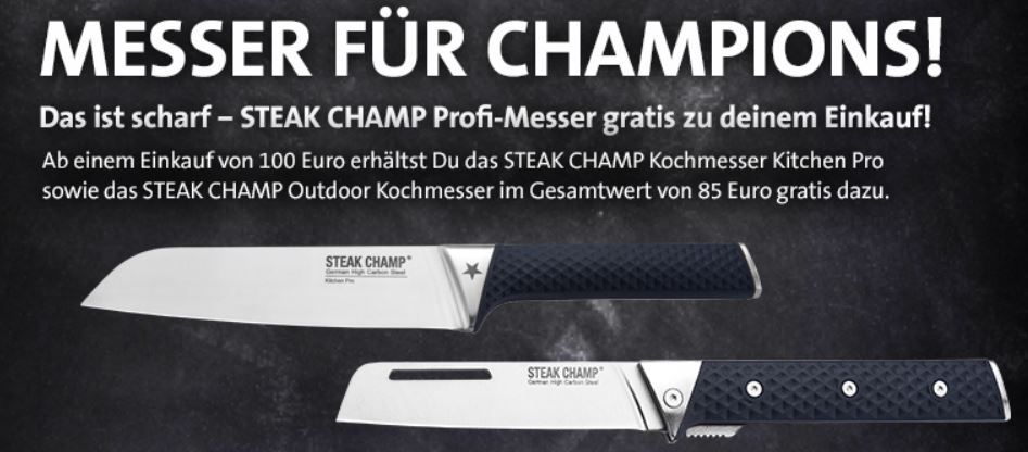 Kreutzers: 20% Rabatt auf Fleisch/Wein & Co. + gratis 2 Messer Steak Champ (Wert 80€) ab 100€