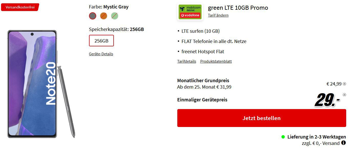 Samsung Galaxy Note20 mit 256GB für 29€ + Vodafone AllNet Flat + 10GB LTE für 24,99€ mtl.