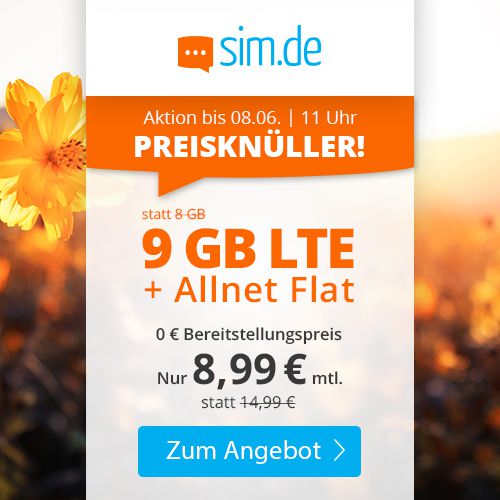 Sim.de: o2 Allnet Flat mit 9GB LTE für 8,99€ mtl.   auch ohne Laufzeit