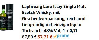 Laphroaig Lore Islay Single Malt Scotch Whisky mit Geschenkverpackung für 57,71€ (statt 69€)