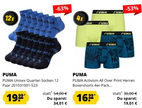 Puma Multipack Sale   z.B. 12 Paar Quarter Socken für 19,99€ oder 6er Pack Damen Slips für 14,99€