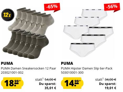 Puma Multipack Sale   z.B. 12 Paar Quarter Socken für 19,99€ oder 6er Pack Damen Slips für 14,99€