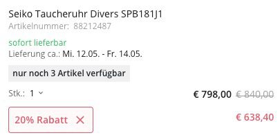 Nur 3x: Seiko Taucheruhr Divers SPB181J1 45mm mit Saphirglas für 638,40€ (statt 762€)