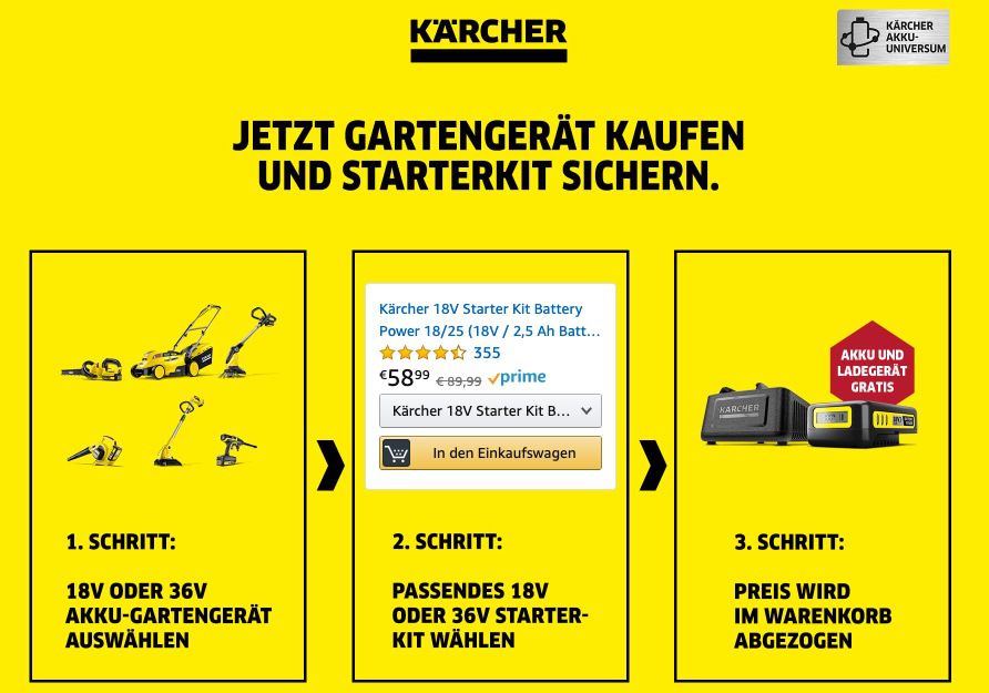 Amazon: GRATIS Akku & Ladegerät (18 V / 36 V) zu ausgewählten Kärcher Gartengeräten
