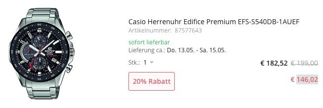 Casio Herrenuhr Edifice Premium EFS S540DB 1AUEF mit Saphirglas für 146,02€ (statt 179€)