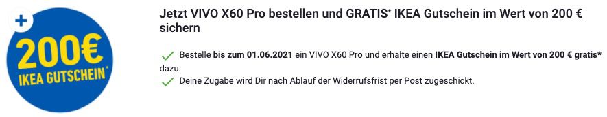 🔥 Vivo X60 Pro für 4,95€ + GRATIS 200€ IKEA Gutschein + Vodafone Allnet Flat mit 30GB LTE für 39,99€ mtl.