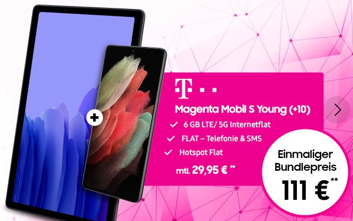 Young + Magenta: Samsung Galaxy S21 128GB + Galaxy Tab A7 für 111€ + Telekom MagentaEins S Young mit 12GB LTE/5G für 29,95€ mtl.