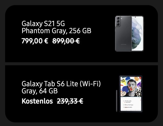 Samsung Galaxy S21 5G mit 256GB + Samsung Galaxy Tab S6 Lite für 799€ (statt 1.054€)