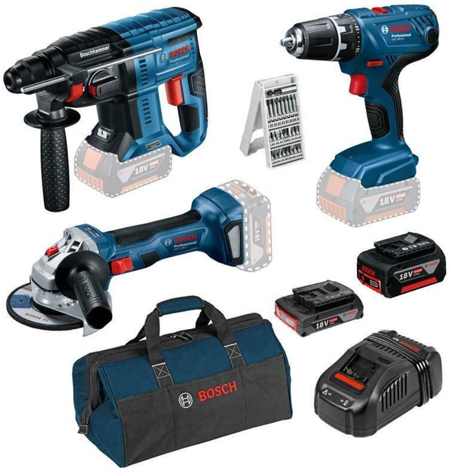 Bosch Blaues Bundle: Bohrschrauber + Bohrhammer + Flex uvm. für 350€ (statt 409€)