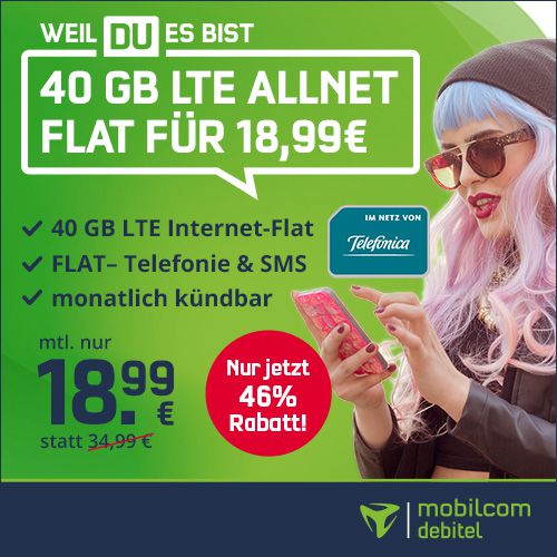 🔥 o2 Allnet Flat mit 40GB LTE inkl. VoLTE & WLAN Call für 18,99€ mtl.   monatlich kündbar!