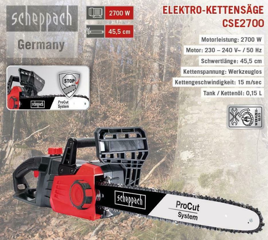 Scheppach CSE2700 Elektro Kettensäge 45,5cm 2,7 kW für 69€ (statt 89€)