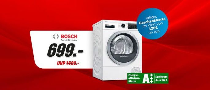 BOSCH WTX87MWIN Wärmepumpentrockner 8kg ab 689€ (statt 818€) + 120€ adidas Gutschein geschenkt